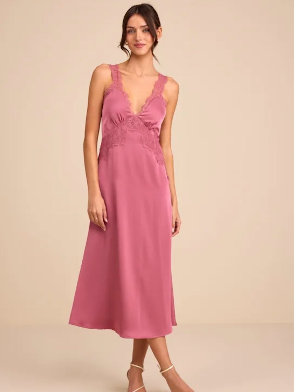 Lulus Alayah Dusty Rose Satin Lace Tie-back Midi Dress Pink - Size L - Picture 2 of 3